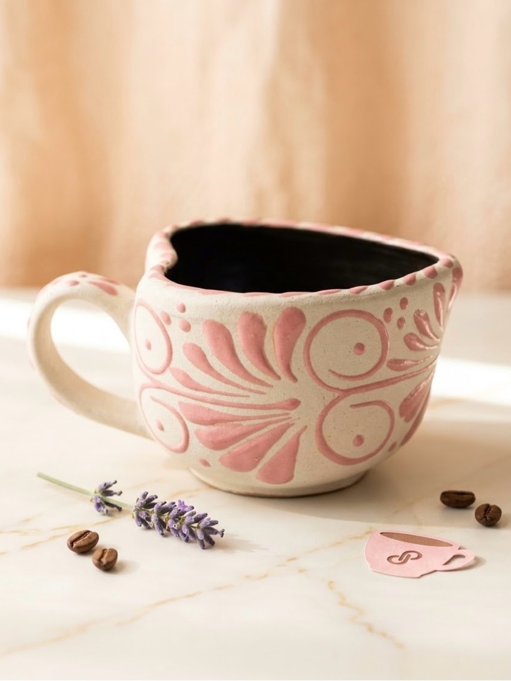 Taxco Pink and Cream Floral Ceramic Mug